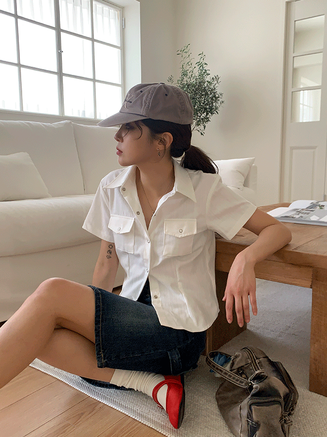 인디고 스냅 반팔 셔츠