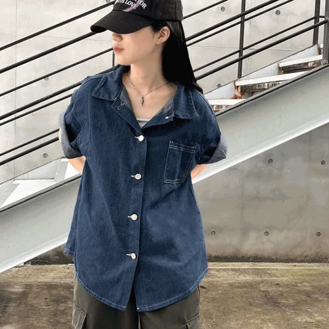 [당일발송/팔뚝커버!] 박시 오버핏 반팔 데님셔츠 / 빈티지 가을겨울여름옷 어텀진청 y2k 생지탑 티셔츠 청남방 빅사이즈 키작녀 해외여행 통통 수학여행 상의 청차켓 10206677