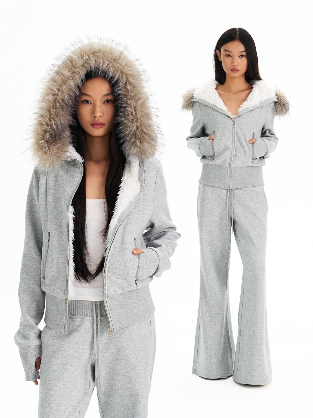 Grown Notold Fur Hood Zip-Up Fleece Jacket