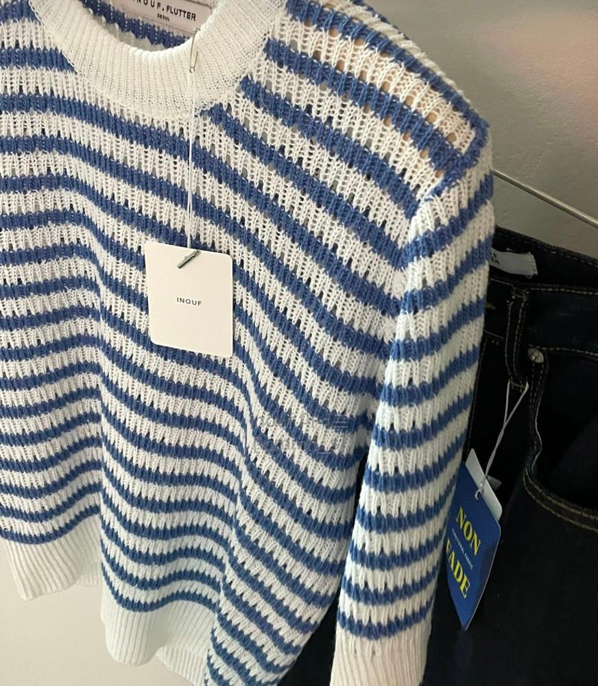 블루당일/inouf 이너프 스카시 단가라 스트라이프 펀칭 반팔 니트