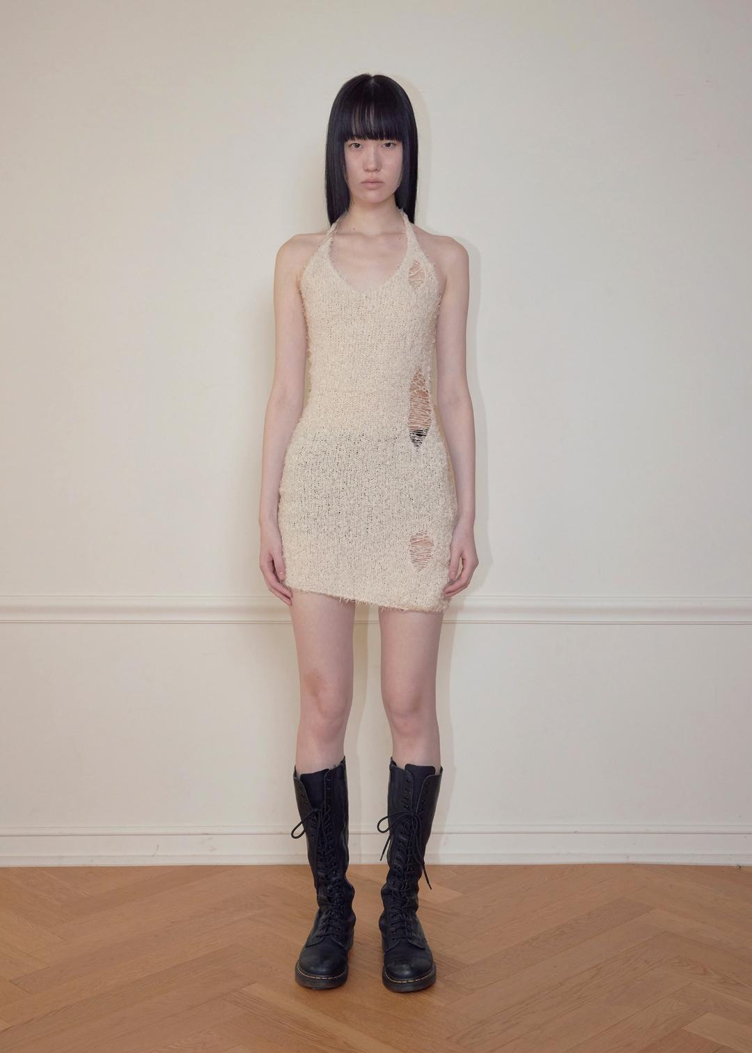 BOUCLE DAMAGE MINI-DRESS, IVORY