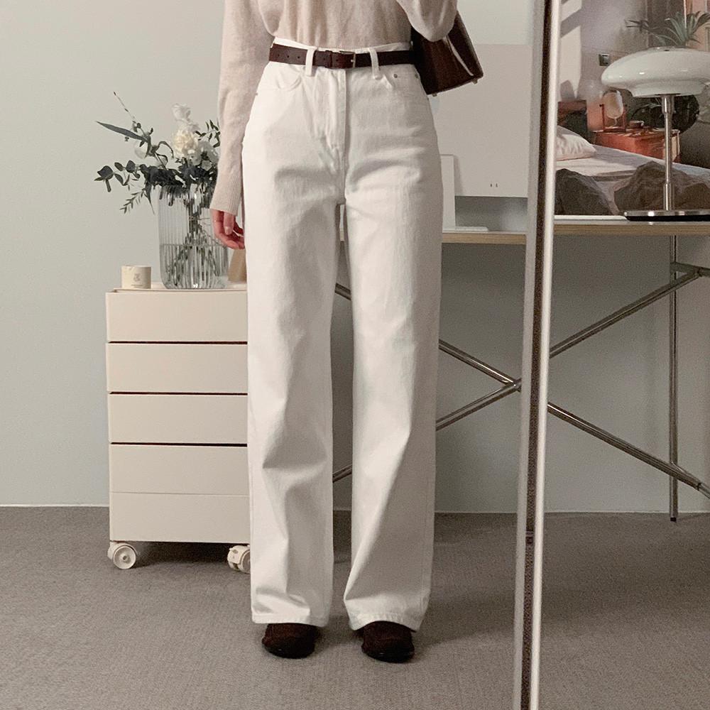트루디 하이웨스트 화이트 코튼 데님 와이드팬츠