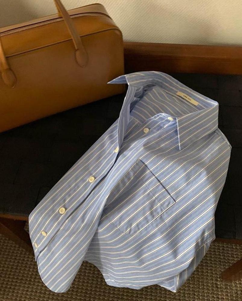 마흐 스트라이프 코튼 고퀄리티 면 탄탄한 간절기 셔츠 소라 블루