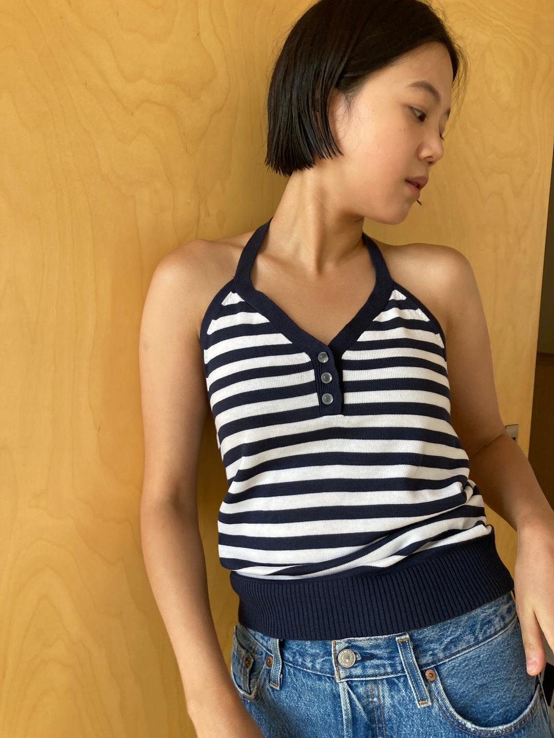 navy stripe knit halter neck sleeveless