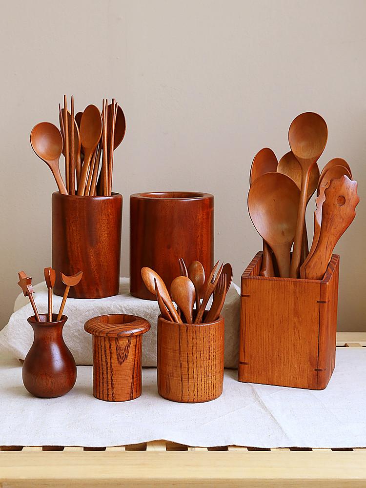 나무 원목 옻칠 원형 수저통 수저꽂이