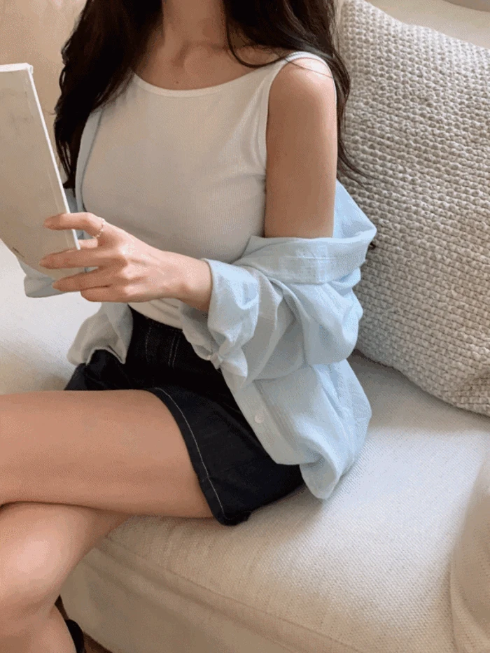 (살안타템/커버업) 아사 스트라이프 린넨 링클프리 거즈 오버핏 시스루 셔츠 (2color)