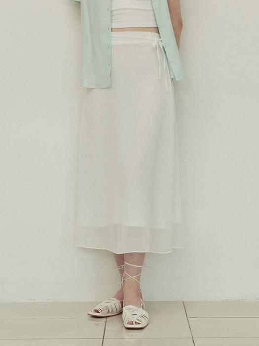 Double line ribbon strap long flare skirt - white