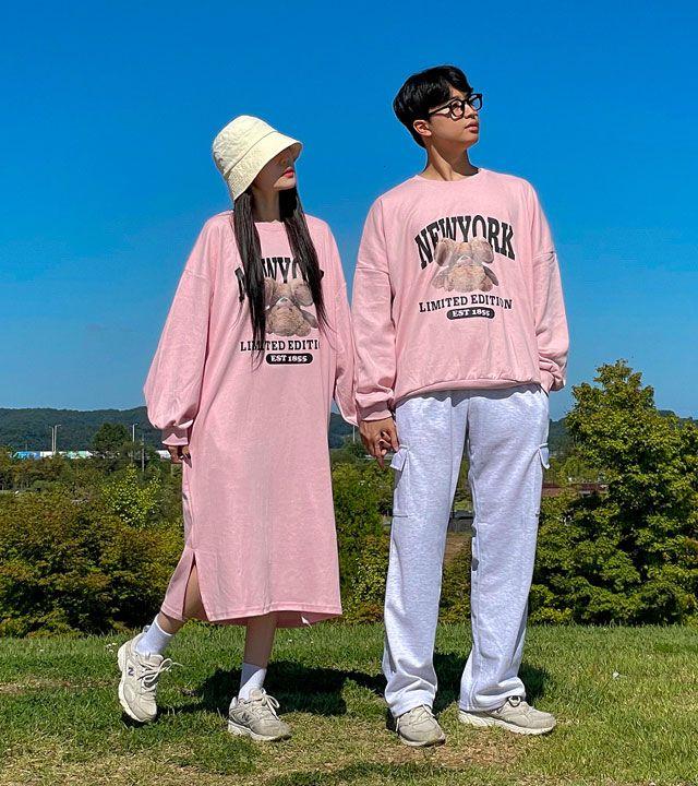 [3컬러] 테디베어 가을 오버핏 빅사이즈 맨투맨 롱 원피스 커플룩 시밀러룩