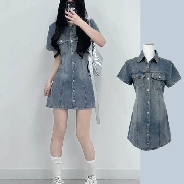 기장 선택🖤 [빈티지 워싱 데님 원피스] 숏/롱 반팔 리본 여름 셔츠 카라 생지 연청 청 남방 셔츠 미니 스커트 치마 키작녀 키큰녀(2 col)