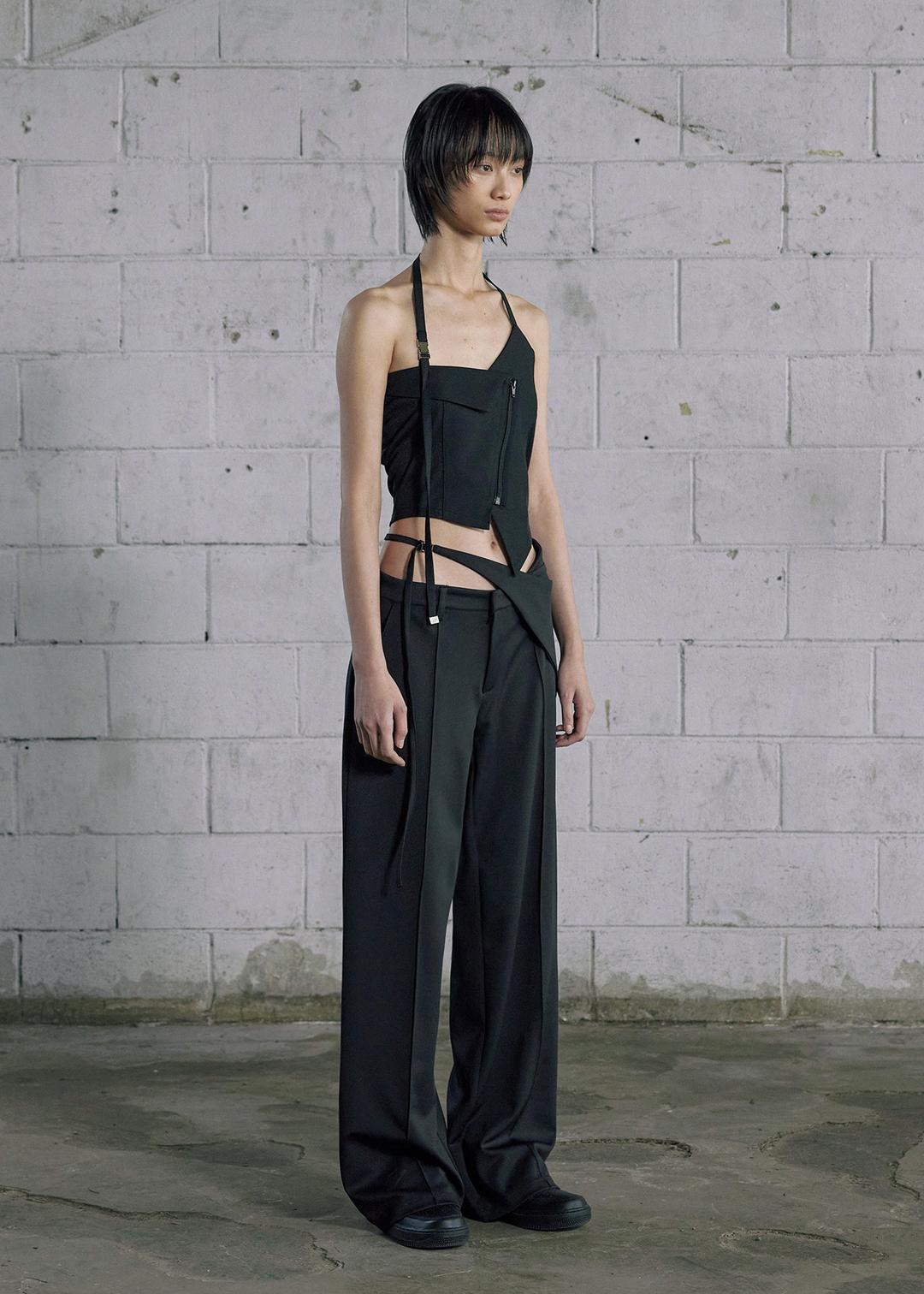 WAIST BELTED WIDE PANTS, BLACK