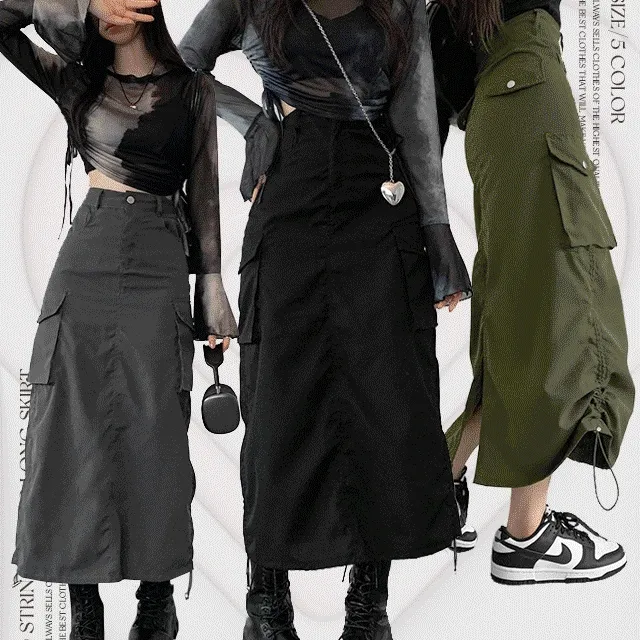 주말특가🖤[y2k/양옆스트링조절가능!힙무드🎧나일론 카고 롱스커트](2사이즈선택) 제로스트링카고롱스커트