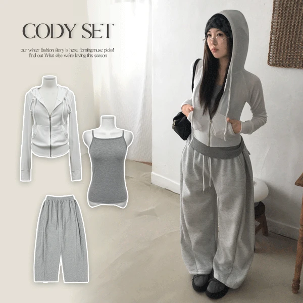 [허얇골넓set] 글램 라인핏 기모 와이드 쓰리피스 세트 (집업,나시,팬츠)