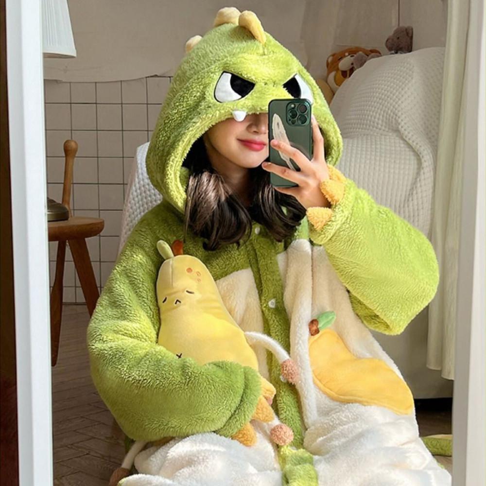 공룡 로브 극세사 동물 코스튬 커플 귀여운 일체형 여성 기모 파자마 빅사이즈