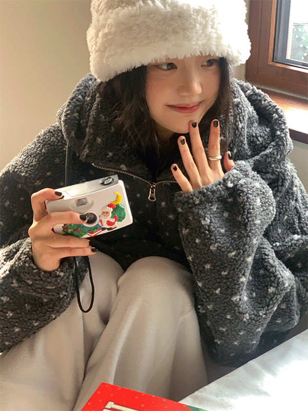 나이니 [국내제작!/꾸안꾸/그레이당일] 도트 양털 뽀글이 덤블 후드 집업 점퍼