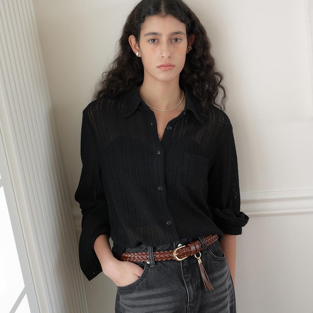 코튼 크로쉐 슬림셔츠 (블랙)