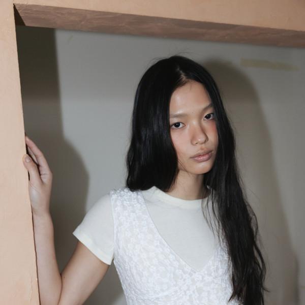 Fitted Lace Jersey V-Neck Tank Top (White)