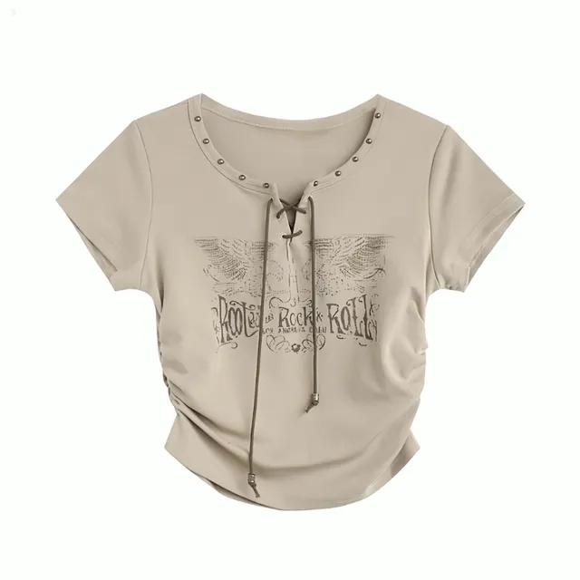 [당일출고베이지만/S-L/3color] Y2K 주름 프린트 스트랩 비즈 반팔티셔츠