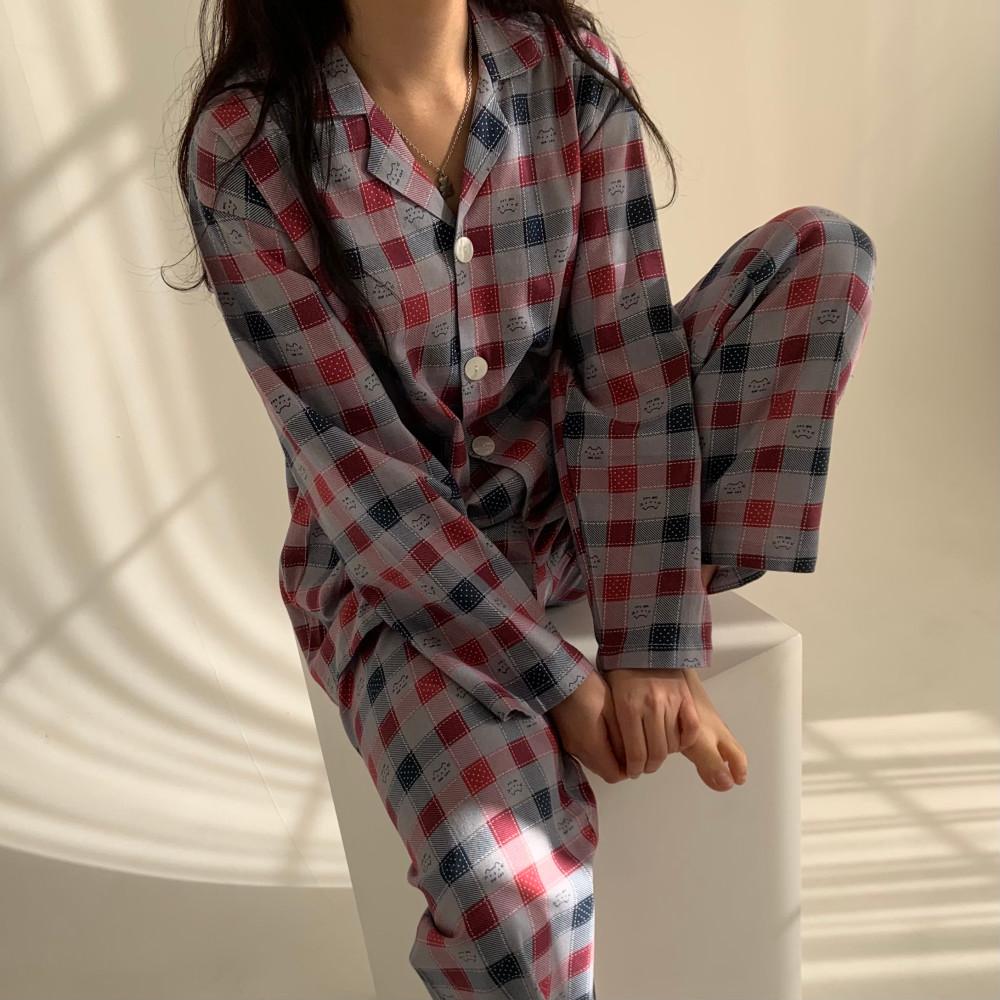 국산 순면 체크 귀여운 고양이 잠옷 신혼 커플파자마 빅사이즈 여성 가을 우정 세트 홈웨어