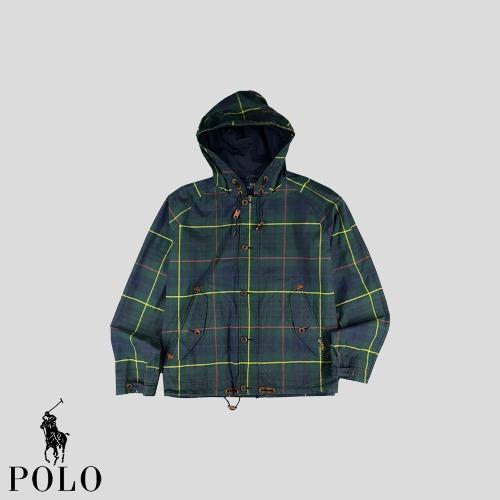 폴로랄프로렌 그린 레드 블랙와치 타탄체크패턴 왁스 코튼 후드 사파리 야상  SIZE L