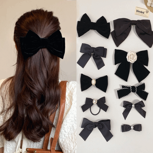 12종 블랙 벨벳 왕 리본핀 새틴 공단 골프 옆머리 앞머리 자동 삔