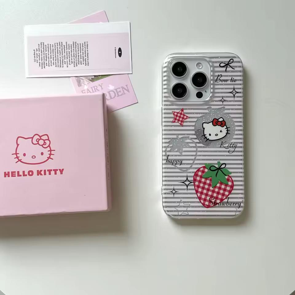 Kawaii Sanrio 헬로 키티 전화 케이스, iPhone 15 14 13 12 11 Promax 14Pro 16Promax Girls 용 전기 도금 렌즈 프레임 포함