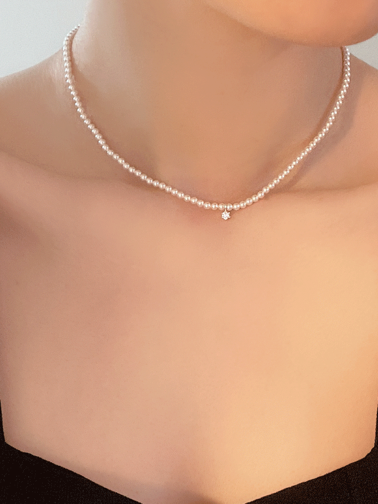 925 silver 3mm pearl & cubic necklace (스왈진주)