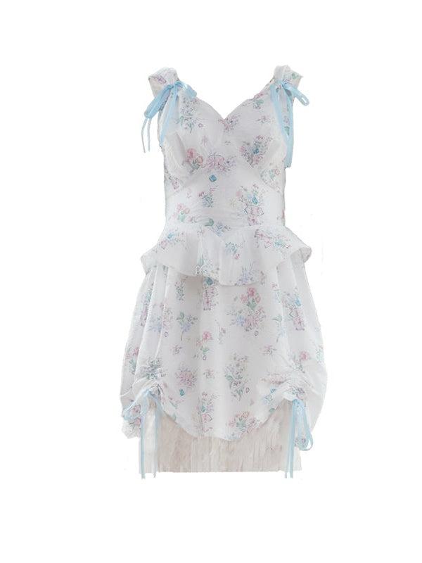 Floral Printed Fake Layered Sleeveless Dress - S / white(presale)