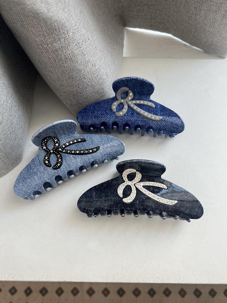 영롱서울 데님 프린팅 큐빅 리본 헤어 집게핀 (3color)