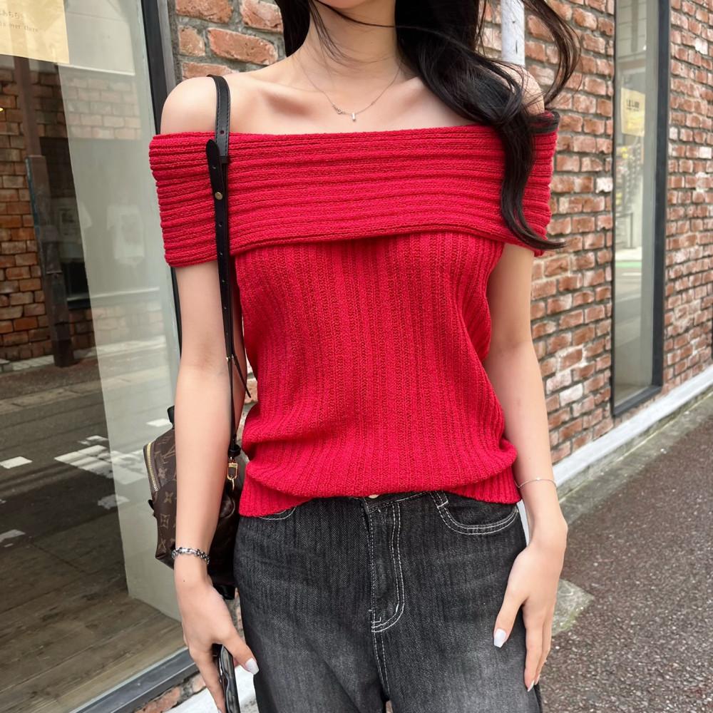 리브드 썸머 오프숄더 니트 (3color)