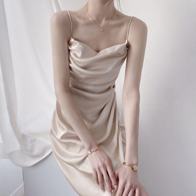 [샴페인당일발송] 골져스 하트넥 드레이프 셔링 새틴 실크 끈 나시 롱 슬립 랩 원피스