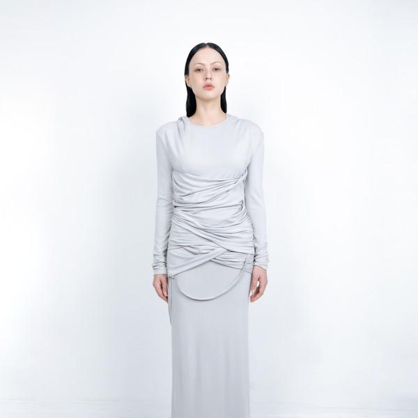 DRAPED TWIST STRING LONG SKIRT (LIGHT GREY)