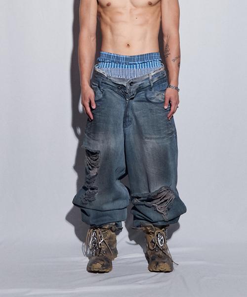 Destroyed Oil Washed Wide Denim Pants Light Blue