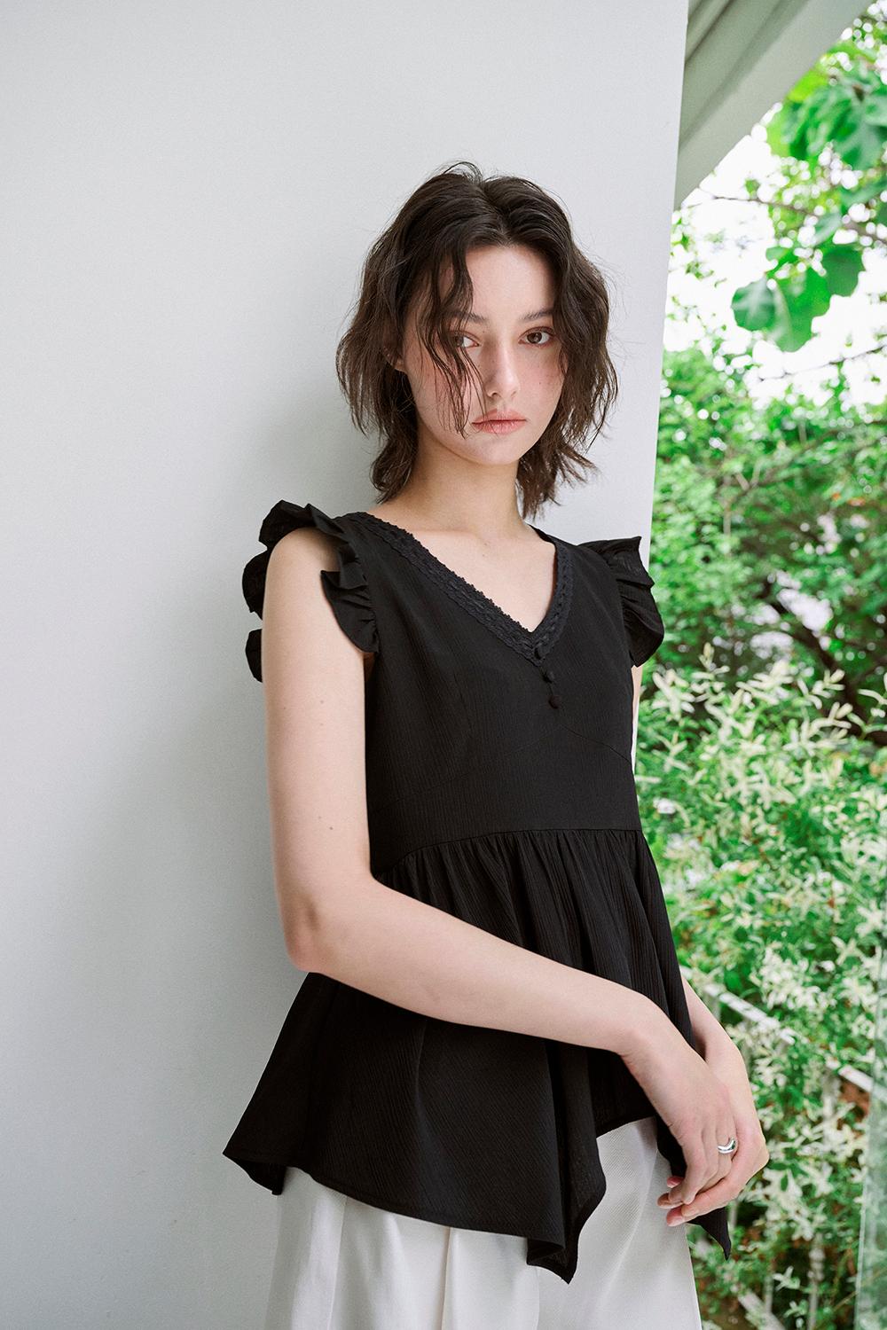 Lace trim peplum blouse (Black)