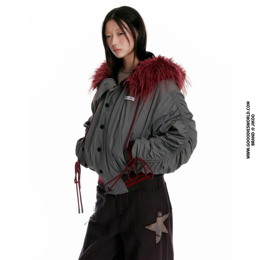 JIKOO 점퍼 야상 후드넥 페이크 레드퍼 야상 코튼 패딩 숏잠바
