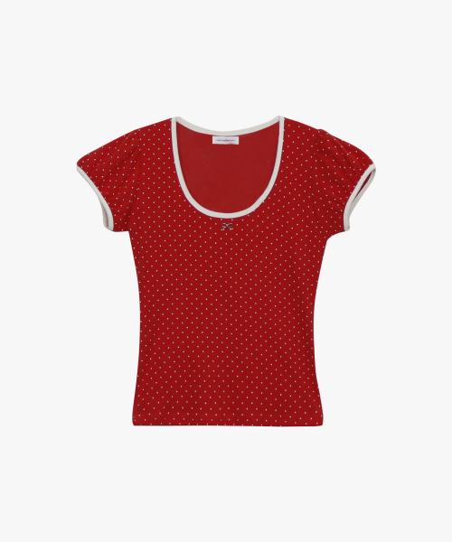DOTTY RIBBON SHIRRING T-SHIRT_RED