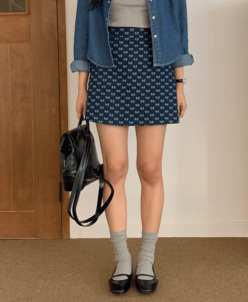 레니 리본패턴 A라인 데님 미니스커트 3color