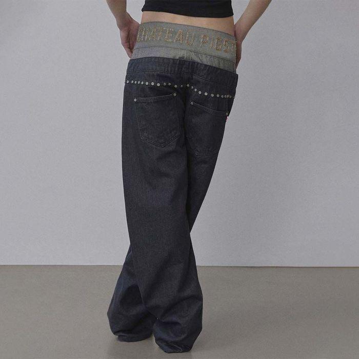 Beaded Layered Denim Pants Nonfade Gray