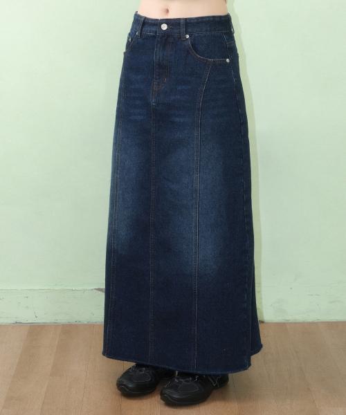 CURVED LINE DENIM LONG SKIRT BLUE