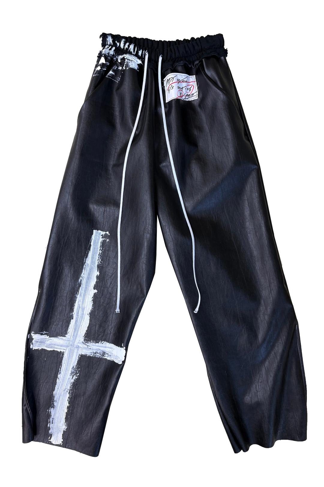 WHITE + CROSSES BLACK OVERSIZED LEATHER PANTS