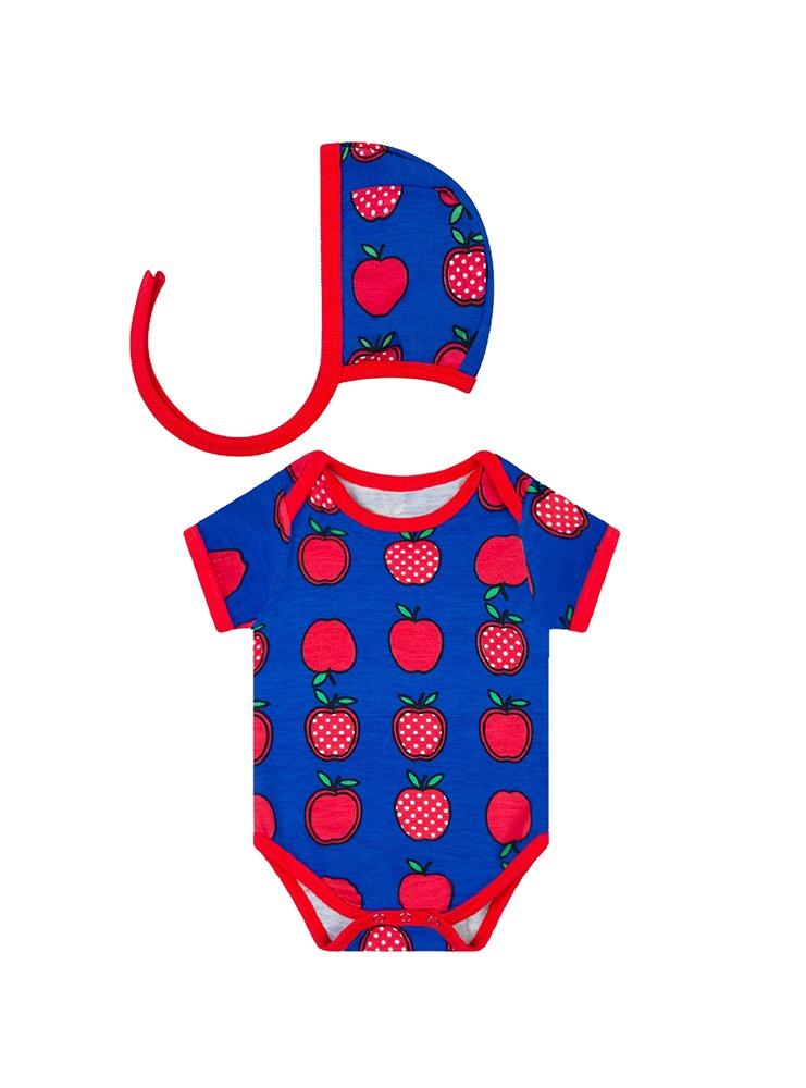 '애플\' (면 100%) 뉴본 신생아 반팔바디슈트&보넷