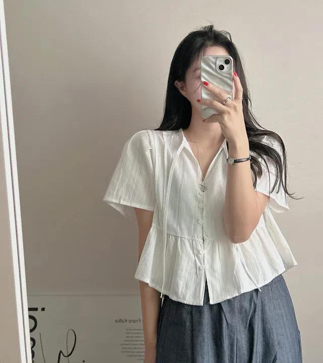 [3color/여리여리] 도로시 루즈핏 브이넥 프릴 크롭 반팔 여름 블라우스_몽그라미