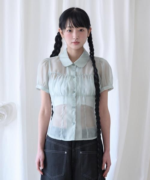 SHIRRING SHEER BLOUSE PISTACHIO