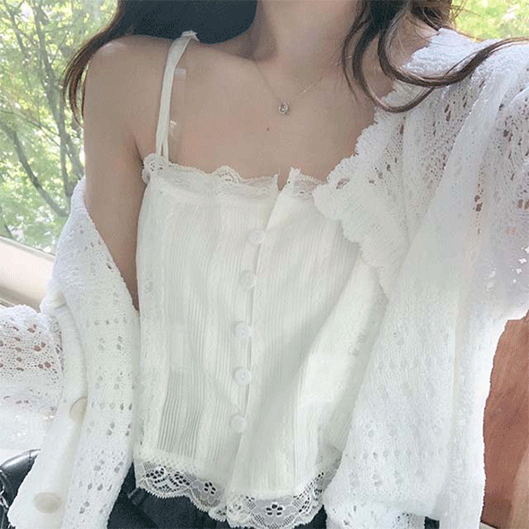 (+머리끈SET) 플라워 자수 슬리브리스 탑