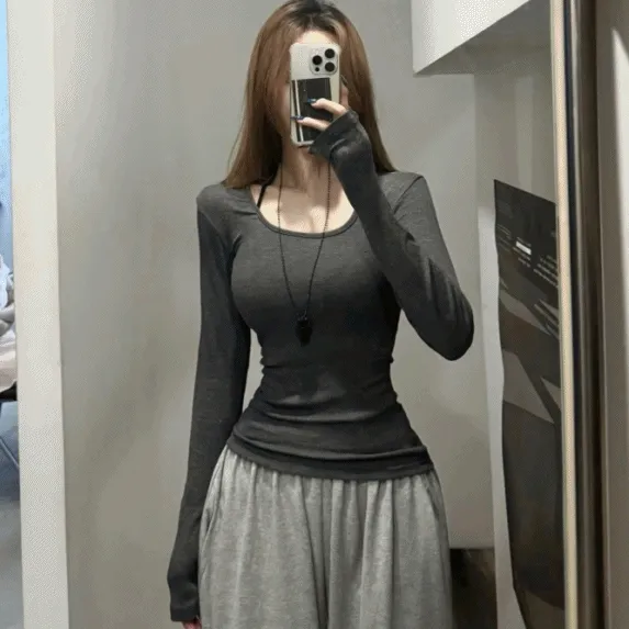 +영상핏 [팔뚝살소멸/핏보장!] 쫀득치즈 스퀘어 딥유넥 골지 긴팔티셔츠