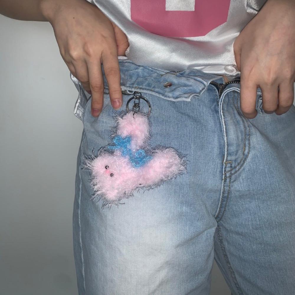 뽀실한 블루 리본한 핑크 토끼 모루 인형 가방 키링 백참