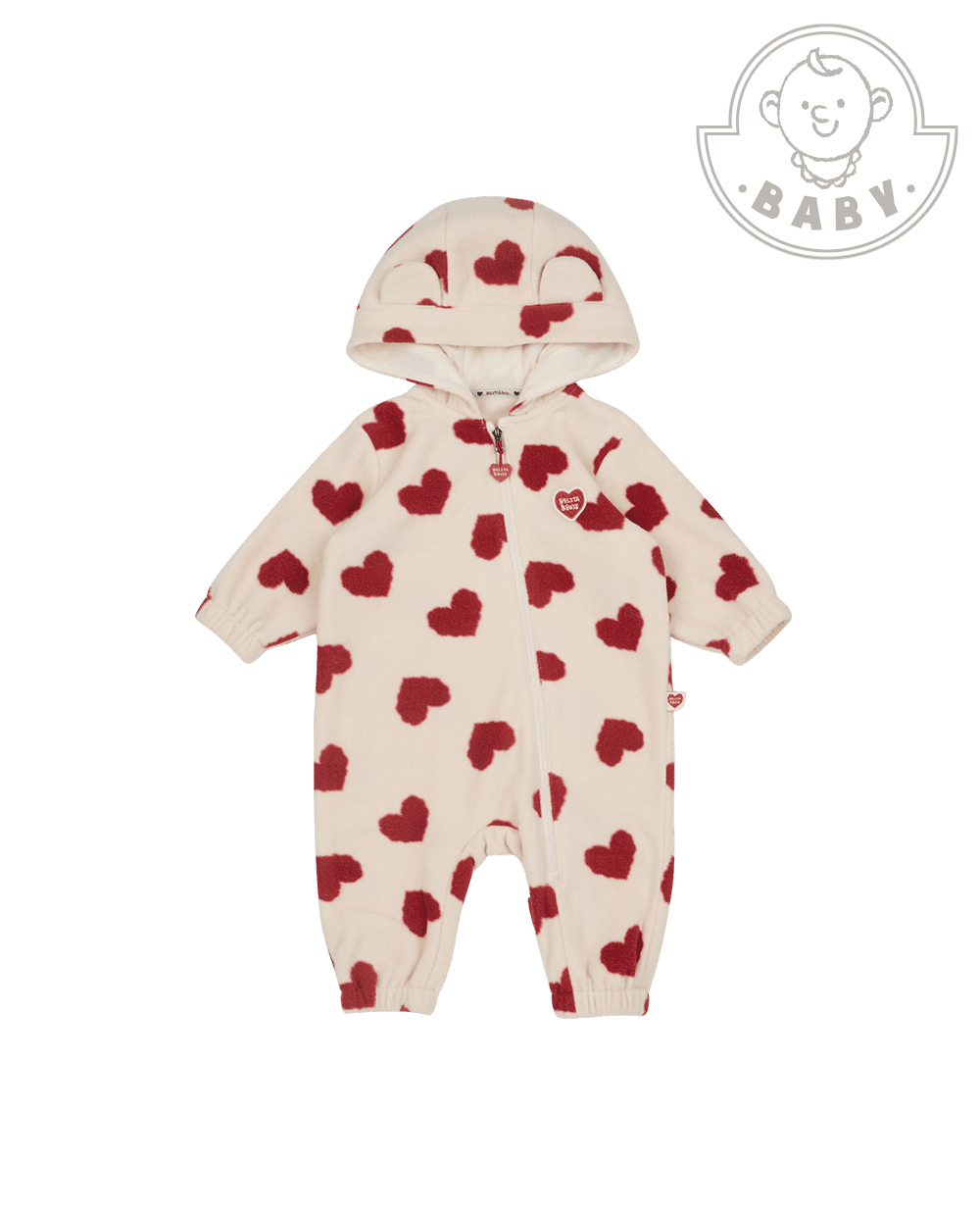 BABY Red BB Heart Pattern Fleece Hooded Jumpsuit