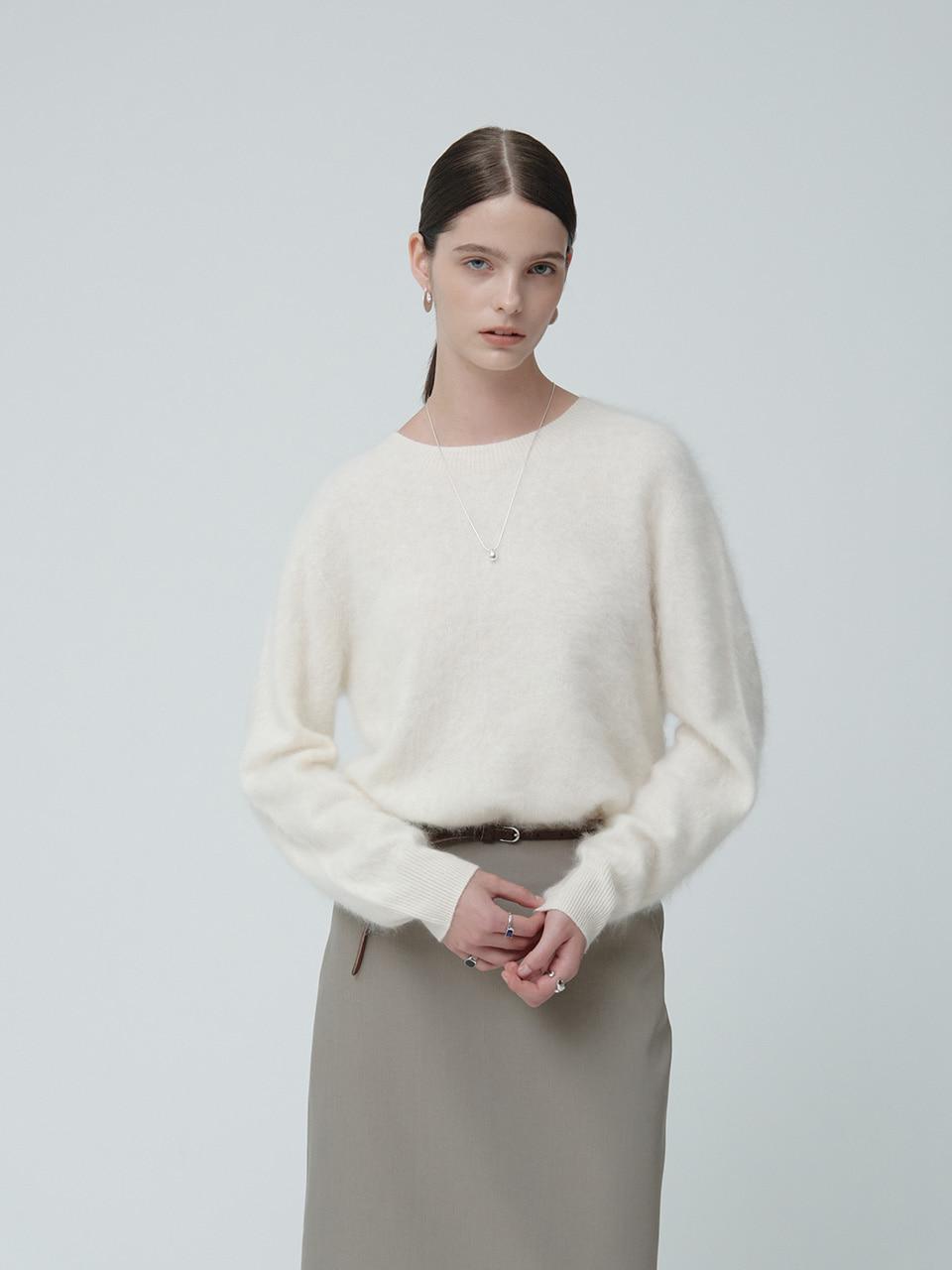 [ESSENTIEL][Cashmere 5%] DOUILLET Hairy Wool Loose-Fit Round-Neck Knit Pullover_Ivory