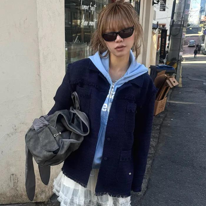 Overfit Fringe Tweed Shirt Jacket Navy