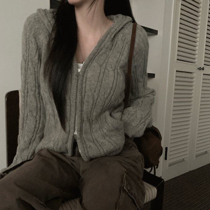 히니크 [자체제작] 베르크 꽈배기 후드 니트 투웨이 집업 -3 color