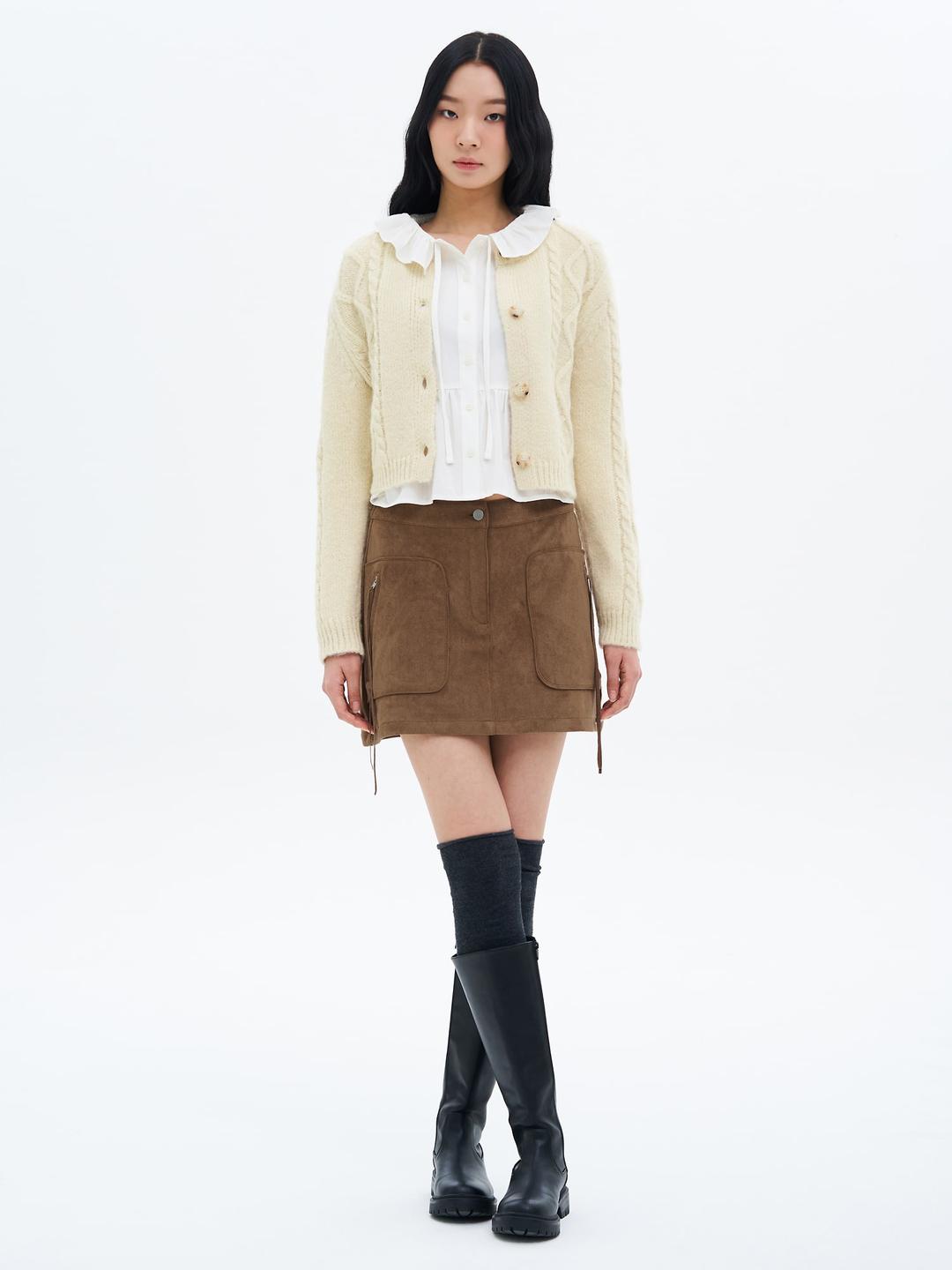 스웨이드 미니 스커트 - 브라운